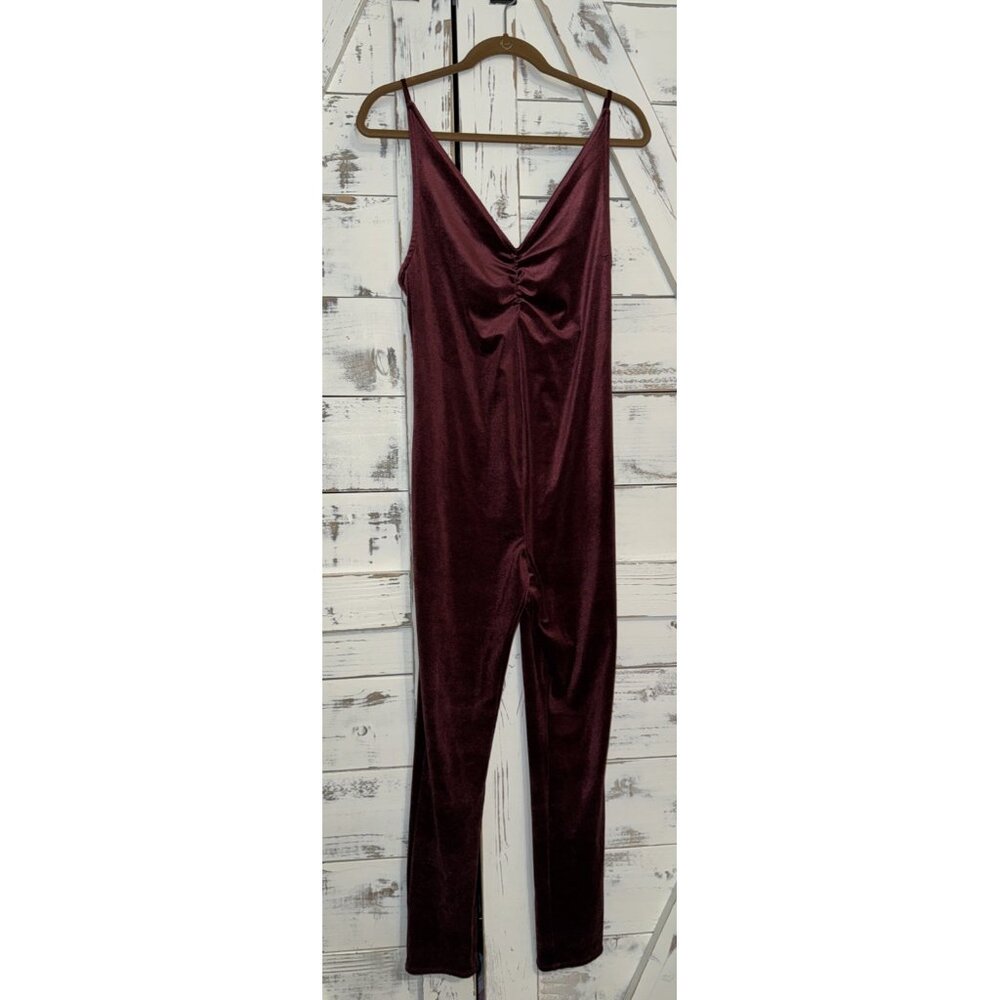 Intimately Free People Red Burgundy Velvet V-Neck Jumpsuit Size M